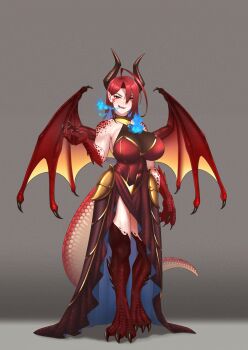 1girl absurdres ahoge alternate_costume alternate_form animal_ears blue_fire blue_hair breasts cipher4109 colored_inner_hair dragon dragon_ears dragon_girl dragon_horns dragon_tail dragon_wings elizabeth_rose_bloodflame fire fire_on_chest highres hololive hololive_english horns huge_ahoge large_breasts long_hair looking_at_viewer monster_girl multicolored_hair open_mouth pointy_ears red_eyes red_hair red_scales scales smile solo tail two-tone_hair very_long_hair virtual_youtuber western_dragon wings