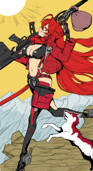 1girl anti-materiel_rifle barrett_m82a2 belt black_jacket black_leggings breasts bullpup cassette_player cleavage cliff closed_eyes clothing_cutout commentary_request cropped_jacket crotch_plate diffraction_spikes fingerless_gloves from_side gloves goddess_of_victory:_nikke grin gun hands_up highres hip_vent holding holding_gun holding_weapon horns jacket large_breasts leather leather_jacket leggings long_hair long_sleeves mechanical_horns midriff mountainous_horizon navel open_clothes open_jacket outdoors pouch red_hair red_hood_(nikke) red_jacket red_scarf rifle sack scarf sky slit_pupils smile sniper_rifle standing standing_on_one_leg sun suspenders syope thigh_cutout unzipped very_long_hair weapon wolf yellow_sky