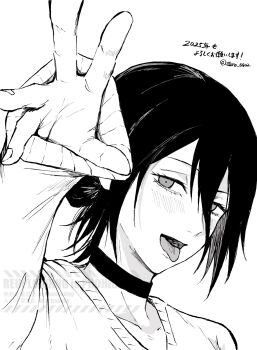 1girl chainsaw_man choker commentary_request greyscale hair_between_eyes hair_bun hand_up highres looking_at_viewer madaosw medium_hair monochrome open_mouth reze_(chainsaw_man) solo sweater translation_request twitter_username