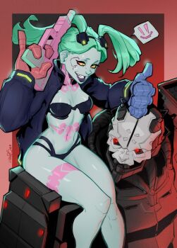 1boy 1girl absurdres adam_smasher bikini breasts carrying_over_shoulder colored_skin cyberpunk:_edgerunners cyberpunk_(series) full_body glowing glowing_eyes green_hair gun highres holding holding_weapon humanoid_robot jacket lipstick madsnsfw makeup open_clothes open_jacket rebecca_(cyberpunk) red_eyes robot signature simple_background sitting sitting_on_person sketch small_breasts speech_bubble swimsuit tattoo thumbs_up upper_body weapon white_skin yellow_eyes