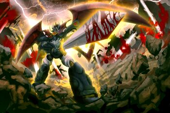 antares_warld glowing glowing_eyes holding holding_sword holding_weapon horns mazinger_(series) mazinger_z mazinkaiser mazinkaiser_(robot) mecha mecha_focus mechanical_wings no_humans pilder robot science_fiction sunrise_stance super_robot sword weapon wings yellow_eyes
