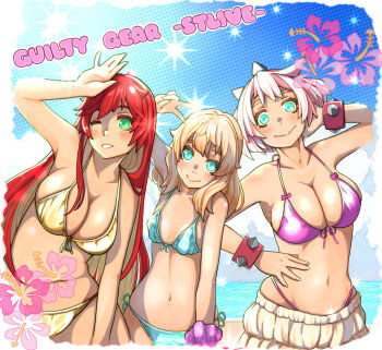 Rule 34 | 1boy, 2girls, aqua bikini, aqua eyes, arm up, beach, ben-day dots, bikini, blonde hair, blue sky, blush, bracelet, breasts, bridget (guilty gear), cleavage, colored inner hair, commentary, copyright name, day, elphelt valentine, english commentary, english text, engrish text, flower symbol, front-tie bikini top, front-tie top, green eyes, guilty gear, guilty gear strive, hand on own hip, highres, jack-o' valentine, jewelry, large breasts, long hair, looking at viewer, multicolored hair, multiple girls, navel, ocean, one eye closed, outdoors, pink bikini, pink hair, polka dot, polka dot background, ranguage, red hair, screentones, shiny clothes, short hair, side-tie bikini bottom, skindentation, sky, small breasts, smile, spiked bracelet, spikes, sugajyun, swimsuit, teeth, trap, two-tone hair, upper body, v, very long hair, yellow bikini