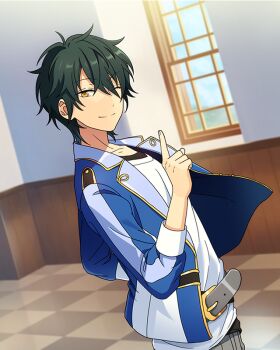 Rule 34 | 1boy, belt, belt buckle, buckle, checkered floor, closed mouth, ensemble stars!, fingernails, floating clothes, from side, game cg, green hair, hair between eyes, hand up, happy elements, index finger raised, jacket, kagehira mika, lapels, layered clothes, looking at viewer, male focus, notched lapels, official art, one eye closed, open clothes, open jacket, short hair, smile, solo, split mouth, third-party source, three-quarter sleeves, upper body, yellow eyes