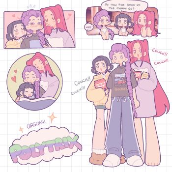 Rule 34 | 3girls, arsoniii, black hair, braid, braided ponytail, double bun, dutch braided ponytail, english text, hair bun, heart, highres, huntrix, kpop demon hunters, mira (kpop demon hunters), multiple girls, o3o, pajamas, pink hair, polyamory, purple hair, rumi (kpop demon hunters), short bangs, yuri, zoey (kpop demon hunters)