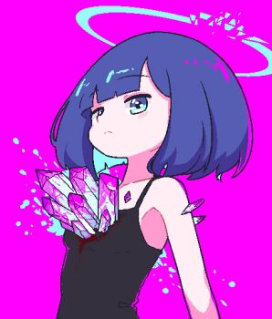 1girl :&lt; aqua_hair bare_shoulders black_camisole bleeding blood blue_eyes blue_hair blush breasts broken_halo camisole chibikki closed_mouth collarbone colored_inner_hair commentary crystal english_commentary expressionless from_side halo highres injury light_blush looking_at_viewer looking_down looking_to_the_side multicolored_hair nanako_(chibikki) original pink_background pixel_art raised_eyebrows shards small_breasts solo splatter upper_body