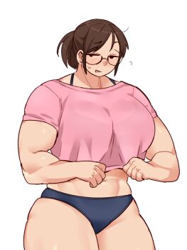 1girl abs biceps black_eyes blue_panties blush breasts brown_hair crop_top glasses hanzo_(2929) large_breasts midriff mob_face muscular muscular_female navel open_mouth original panties pink_shirt ponytail shirt short_hair solo standing t-shirt thick_thighs thighs underwear white_background