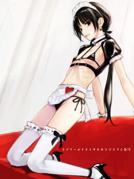 1girl apron bikini black_bikini black_eyes black_hair blood_alone commentary_request earrings flat_chest heart heart_earrings highres jewelry long_hair looking_at_viewer maid maid_bikini maid_headdress misaki_minato parted_lips side-tie_bikini_bottom solo swimsuit takano_masayuki thighhighs unconventional_maid white_thighhighs