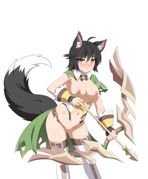 animal_ears arrow_(projectile) black_hair blush boots bow_(weapon) breasts breasts_out cape embarrassed fingerless_gloves fox_archer_(sakura_dungeon) fox_ears fox_girl fox_tail gloves highres official_art sakura_dungeon sprite tail torn_clothes wanaca weapon yellow_eyes