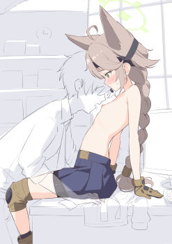 1boy 1girl ahoge animal_ears bike_shorts blue_archive blush brown_gloves brown_hair collared_shirt desk flat_chest fox_ears fox_girl gloves green_eyes green_halo halo headset highres knee_pads loli long_braid long_hair miso_(misomiso_154) necktie nipples otogi_(blue_archive) pleated_skirt sensei_(blue_archive) shirt skirt sweatdrop topless_female very_long_hair
