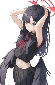 1girl absurdres armpit_peek arms_up black_hair black_sailor_collar black_serafuku black_shirt black_skirt black_wings blue_archive blue_eyes closed_mouth crop_top feathered_wings hair_ornament hairclip halo highres ichika_(blue_archive) long_hair looking_at_viewer low_wings midriff navel neckerchief pleated_skirt red_neckerchief sailor_collar school_uniform serafuku shirt simple_background skirt smile solo suumon white_background wings
