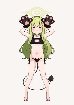 1girl :< absurdres animal_hands arms_up barefoot bell black_bra black_panties blue_archive blush bra cat_cutout cat_ear_panties cat_lingerie closed_eyes clothing_cutout demon_tail facing_viewer flat_chest frilled_bra frills full_body gloves green_hair green_halo grey_background groin halo highres hikari_(blue_archive) jingle_bell loli long_hair navel neck_bell panties paw_gloves pointy_ears side-tie_panties simple_background solo standing stomach tail underwear underwear_only white_background yaza_(@n9llam_9240)