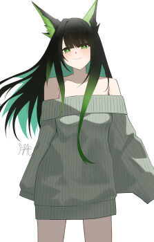 1girl absurdres alternate_costume arknights bare_shoulders black_hair blush bright_pupils closed_mouth colored_inner_hair commentary cowboy_shot dress green_eyes green_hair grey_dress hachimin8_(shrine_kyo) highres looking_at_viewer mon3tr_(arknights) multicolored_hair off_shoulder ribbed_dress short_dress signature simple_background sleeves_past_fingers sleeves_past_wrists smile solo standing sweater sweater_dress white_background white_pupils