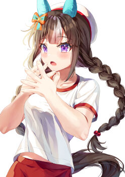 Rule 34 | 1girl, absurdres, animal ears, beret, blush, bow, braid, breasts, brown hair, collarbone, commentary request, ear bow, ear covers, gym shirt, gym uniform, hair ornament, hat, highres, hokko tarumae (umamusume), horse ears, horse girl, horse tail, long braid, long hair, looking at viewer, medium breasts, multicolored hair, open mouth, purple eyes, red shorts, shirt, short sleeves, shorts, simple background, solo, striped bow, striped hair, tail, tracen training uniform, twin braids, umamusume, white background, white hair, white hat, white shirt, yoru usagi