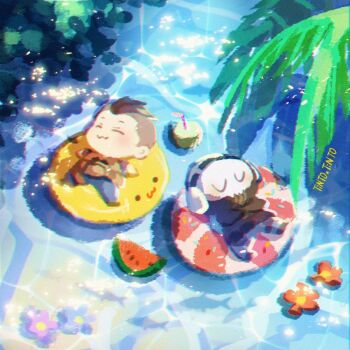 2boys artist_name black_hair black_jacket black_pants black_shirt blue_pants bulletproof_vest call_of_duty call_of_duty:_modern_warfare_2 chibi closed_eyes closed_mouth coconut_cup day food fruit ghost_(modern_warfare_2) headphones jacket lying male_focus mask multiple_boys on_back outdoors pants shirt short_hair skull_mask soap_(modern_warfare_2) tintoxtinto water watermelon watermelon_slice