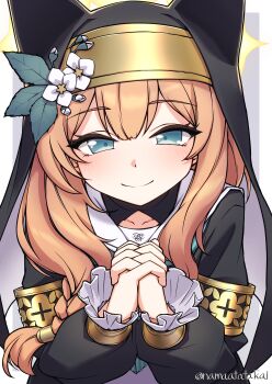 Rule 34 | 1girl, absurdres, animal ear headwear, blue archive, blue eyes, blush, braid, commentary request, dress, fake animal ears, flower, habit, halo, hat, hat flower, highres, interlocked fingers, long hair, looking at viewer, mari (blue archive), namaata, nun, orange hair, sailor collar, simple background, single braid, smile, solo, twitter username, upper body, white flower, white sailor collar