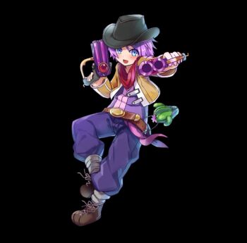 Rule 34 | 1boy, aiming, aiming at viewer, belt, black background, black hat, blue eyes, blush, boots, brown belt, brown jacket, cactus, cowboy hat, cropped jacket, dual wielding, fini (merc storia), full body, grey boots, grey socks, gun, hair between eyes, handgun, hat, highres, holding, holding gun, holding weapon, jacket, long sleeves, looking at viewer, merc storia, merc storia art team, official art, open mouth, pants, pink hair, purple pants, purple shirt, red scarf, sash, scarf, shirt, short hair, simple background, smile, socks, solo, standing, standing on one leg, tachi-e, weapon