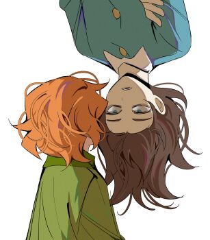 1boy 1girl abaddon_(haunted_hotel) abaddon_(human)_(haunted_hotel) absurdres blue_eyes brown_hair crossed_arms esther_freeling haunted_hotel highres looking_at_another orange_hair short_hair simple_background upper_body upside-down white_background yp_katelove