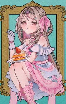 Rule 34 | 1girl, :t, ankle lace-up, bare shoulders, blonde hair, blue background, blush, border, bow, braid, braided hair rings, cake, colored inner hair, commentary request, criss-cross halter, dress, dress bow, dress flower, eating, feet out of frame, flower, food, food on face, fork, frilled dress, frills, from side, glove bow, gloves, hair intakes, hair ornament, hair ribbon, hair rings, hairclip, halterneck, heart-shaped gem, highres, hituzi o0, holding, holding cake, holding food, holding fork, inset border, knees up, leg bow, legs together, long hair, looking at viewer, makaino ririmu, multicolored hair, nijisanji, off-shoulder dress, off shoulder, official alternate costume, official alternate hairstyle, ornate border, pink bow, pink dress, pink hair, pink ribbon, pink streaks, plate, pointy ears, red eyes, ribbon, side part, side up ring, sidelocks, sitting, solo, star (symbol), star hair ornament, strawberry shortcake, streaked hair, swept bangs, tiara, twitter username, two-tone dress, two-tone hair, two side up, virtual youtuber, white dress, white gloves