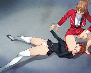 2girls agent_aika aika_(series) ascot asphyxiation black_delmo black_jacket black_skirt brown_hair cameltoe choke_hold commentary_request commission defeat delmogeny_uniform depo_(typebaby505) folded_ponytail highres jacket multiple_girls naomi_(agent_aika) on_floor open_mouth panties pleated_skirt puffy_sleeves red_ascot red_jacket red_skirt ryona saliva short_hair skeb_commission skirt strangling sumeragi_aika thighhighs underwear white_panties