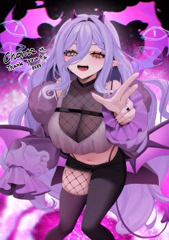 1girl absurdres acalyss_(chontz) asymmetrical_clothes bebe_(bebe_pp) braid fang fishnets hair_between_eyes heterochromia highres horns jewelry long_hair navel open_mouth orange_eyes original pink_nails pointy_ears purple_hair ring see-through_cleavage see-through_clothes single_pantsleg single_thighhigh solo thank_you thighhighs yellow_eyes