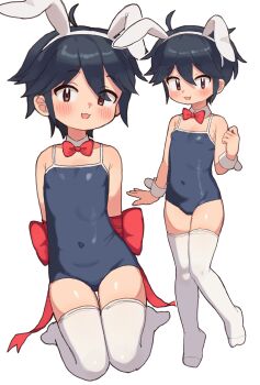 1girl :3 armpit_crease black_hair blush bound bound_arms bow bowtie breasts commentary_request competition_school_swimsuit covered_navel detached_collar full_body funifuchan highres loli looking_at_viewer multiple_views navel original pantyhose red_bow red_bowtie rin_(funifuchan) school_swimsuit small_breasts solo standing swimsuit thighhighs thighs white_pantyhose white_thighhighs