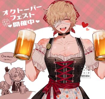 2boys :d alcohol alternate_costume bandage_over_one_eye beer beer_mug black_choker black_dress blonde_hair chibi choker cross-shaped_pupils crossdressing crossdressing_(mtf) cup dress english_text facing_viewer fangs florian_brand frilled_sleeves frills hair_scarf heart highres identity_v louis_(identity_v) male_focus matthias_czernin mug multiple_boys off-shoulder_shirt off_shoulder one_eye_closed open_mouth pectoral_cleavage pectoral_focus pectorals red_ribbon ribbon scar scar_on_chest scar_on_shoulder shirt smile symbol-shaped_pupils tendenbarabara white_shirt