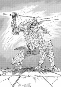 1boy 913kousatu absurdres armor armored_boots boots boreal_outrider_knight breastplate commentary_request dark_souls_(series) dark_souls_iii full_armor full_body gauntlets greyscale highres holding holding_sword holding_weapon knight looking_at_viewer male_focus monochrome pants solo squatting sword weapon