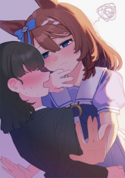 2girls animal_ears black_hair black_jacket blue_eyes blush brown_hair closed_mouth commentary_request female_trainer_(umamusume) highres horse_ears horse_girl housaninsanity jacket long_hair looking_at_another medium_hair multiple_girls no_eyes purple_shirt school_uniform shirt squiggle super_creek_(umamusume) sweat tracen_school_uniform trainer_(umamusume) umamusume yuri