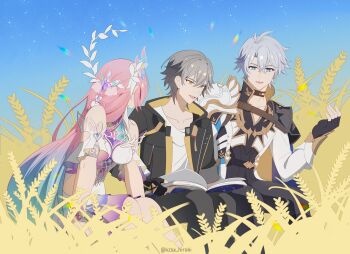 1girl 2boys antenna_hair armlet armor artist_name as_i&#039;ve_written_(honkai:_star_rail) bare_shoulders belt black_belt black_choker black_coat black_gloves black_pants blue_cape blue_eyes blue_hair blue_ribbon blue_sky book breasts brown_belt caelus_(honkai:_star_rail) cape choker coat collarbone crossed_bangs cyrene_(honkai:_star_rail) cyrene_(ripples_of_past_reverie)_(honkai:_star_rail) day dress fingerless_gloves flower gloves gold_armlet gradient_hair green_ribbon grey_hair hair_between_eyes hair_branch hair_flower hair_ornament hair_ribbon hand_up highres honkai:_star_rail honkai_(series) hood hooded_coat jacket jewelry kzsx_hiroki lapels leaf_hair_ornament long_hair long_sleeves looking_at_another looking_at_object looking_down medium_breasts multicolored_hair multicolored_ribbon multiple_boys off-shoulder_dress off_shoulder official_alternate_costume official_alternate_hairstyle open_book open_clothes open_coat open_mouth outdoors pants phainon_(honkai:_star_rail) pink_hair pink_ribbon pointy_ears reading ribbon rose shirt short_hair short_sleeves shoulder_armor sitting sky smile t-shirt trailblazer_(honkai:_star_rail) twitter_username two-sided_cape two-sided_coat two-sided_fabric weeds white_dress white_flower white_jacket white_rose white_shirt yellow_cape yellow_coat yellow_eyes yellow_pupils