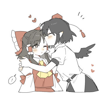 ! 2girls ascot bird_wings black_skirt black_wings blush bow brown_eyes brown_hair closed_mouth commentary_request detached_sleeves frilled_bow frilled_hair_tubes frills hair_bow hair_tubes hakurei_reimu hat heart kiss kissing_forehead long_hair multiple_girls one_eye_closed pointy_ears puffy_short_sleeves puffy_sleeves red_bow red_hat red_skirt sakic43899 shameimaru_aya shirt short_sleeves skirt skirt_set spoken_exclamation_mark tokin_hat touhou white_shirt wings yellow_ascot yuri