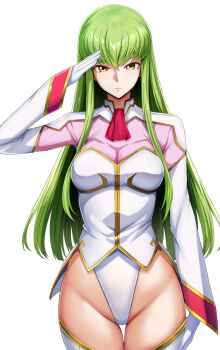 1girl breasts c.c. closed_mouth code_geass daiaru expressionless eyebrows_hidden_by_hair gloves green_hair groin highleg highleg_leotard highres jacket leotard long_hair medium_breasts salute simple_background solo thighhighs white_background white_gloves white_jacket white_leotard white_thighhighs yellow_eyes