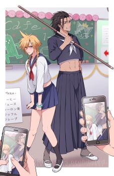 Rule 34 | 2boys, abs, aerith gainsborough, aerith gainsborough (cosplay), aerith gainsborough (midgard seventh high school), black sailor collar, black serafuku, black shirt, black skirt, black socks, blue eyes, blue sailor collar, blue skirt, blush, border, braid, cait sith (final fantasy), chalkboard, classroom, cloud strife, cosplay, crop top, crossdressing, crossdressing (mtf), delinquent, drawing (object), embarrassed, final fantasy, final fantasy vii, final fantasy vii: ever crisis, full body, furrowed brow, grin, hair between eyes, hair ornament, hair slicked back, hand on own hip, highres, holding, holding phone, holding staff, knees together feet apart, long hair, long skirt, male focus, medium hair, midriff, miniskirt, multiple boys, neckerchief, one eye closed, over shoulder, phone, pleated skirt, red neckerchief, sabotender, sailor collar, school uniform, scrunchie, sd0 ino, serafuku, shirt, shoes, skirt, smile, socks, spiked hair, staff, sukeban, sweat, taking picture, tan, teeth, tifa lockhart, tifa lockhart (cosplay), tifa lockhart (midgard seventh high school), twin braids, twitter username, weapon, weapon over shoulder, white border, white neckerchief, white shirt, white shoes, wrist scrunchie, x hair ornament, zack fair