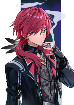 1boy absurdres attsei black_coat black_feathers black_gloves blue_background cigarette cleavage_cutout clothing_cutout coat commentary_request feather_hair_ornament feathers fingerless_gloves gloves gradient_background green_eyes grey_shirt hair_ornament highres holding holding_cigarette jewelry key key_necklace lauren_iroas long_hair looking_at_viewer male_focus necklace nijisanji parted_lips ponytail red_eyes shirt simple_background smoke smoking solo upper_body virtual_youtuber white_background