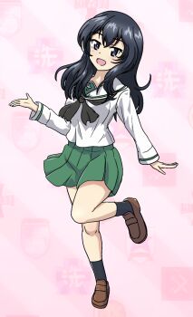 Rule 34 | 1girl, alternate costume, anzio (emblem), black neckerchief, black socks, blouse, blue eyes, blue hair, brown shoes, commentary request, eclair (girls und panzer), emblem, full body, girls und panzer, girls und panzer gekitou! maginot-sen desu!!, girls und panzer senshadou daisakusen!, green skirt, haiiro purin, highres, kuromorimine (emblem), leg up, loafers, long hair, long sleeves, looking at viewer, miniskirt, neckerchief, ooarai (emblem), ooarai school uniform, open mouth, partial commentary, pleated skirt, pravda (emblem), sailor collar, saunders (emblem), school uniform, serafuku, shirt, shoes, skirt, smile, socks, solo, st. gloriana's (emblem), standing, standing on one leg, white sailor collar, white shirt