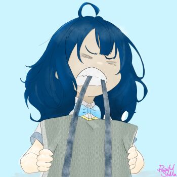 >_< 1girl ahoge artist_name bag biting blue_hair clenched_teeth closed_eyes highres make_heroine_ga_oo_sugiru! medium_hair solo teeth yanami_anna