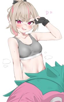 1girl alternate_costume alternate_hairstyle black_bow black_gloves blanka blanka-chan blanka_(cosplay) blush bow bra breasts collarbone colored_inner_hair commentary_request cosplay fang fingerless_gloves gloves grey_bra grey_hair hair_bow heart highres hot kigurumi makaino_ririmu midriff multicolored_hair nijisanji official_alternate_color pink_hair pink_streaks pinkucatjs pointy_ears ponytail red_eyes simple_background skin_fang small_breasts smile smirk solo sports_bra standing steam streaked_hair street_fighter street_fighter_6 sweat two-tone_hair underwear undressing upper_body v v-shaped_eyebrows v_over_eye virtual_youtuber white_background