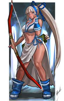 1girl arrow_(projectile) blue_eyes blush bow_(weapon) breasts cleavage dark-skinned_female dark_skin gloves hairband highres holding holding_bow_(weapon) holding_weapon large_breasts long_hair looking_at_viewer majikina_mina navel orion-m ponytail quiver ribbon samurai_spirits sarong side-tie_skirt snk solo underwear very_long_hair weapon white_hair white_sarong