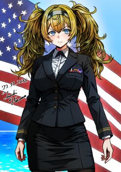 1girl alternate_costume american_flag american_flag_background artist_name black_jacket black_skirt blonde_hair blue_eyes blue_sky breasts collared_shirt commentary_request cowboy_shot dated frown gambier_bay_(kancolle) hair_between_eyes hairband high_side_ponytail highres hisama_tomoki jacket kantai_collection large_breasts long_hair long_sleeves looking_at_viewer military_dress_uniform military_rank_insignia military_uniform multicolored_hairband naval_dress_uniform naval_uniform one-hour_drawing_challenge pantyhose purple_heart_(medal) ribbon_bar shirt skirt sky solo twintails united_states_navy white_shirt