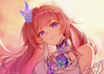 17woodyyy 1girl bare_shoulders breasts commentary_request cyrene_(demiurge)_(honkai:_star_rail) cyrene_(honkai:_star_rail) diamond-shaped_pupils diamond_(shape) dress earrings flower hair_flower hair_ornament highres honkai:_star_rail honkai_(series) jewelry large_breasts long_hair looking_at_viewer multicolored_hair pink_hair pointy_ears purple_eyes sky smile solo symbol-shaped_pupils twitter_username two-tone_hair upper_body very_long_hair white_dress white_hair