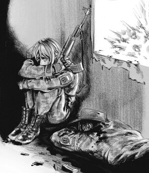 1boy 1other ak-47 assault_rifle battle_of_bucha blood boots camouflage camouflage_jacket camouflage_pants corpse death explosion full_body greyscale gun hat hiding highres holding holding_weapon hugging_object hugging_own_legs international_legion_of_ukraine jacket kalashnikov_rifle kenneth_del_duca lace-up_boots long_hair long_sleeves lying male_focus monochrome nervous_sweating on_stomach original pants peaked_cap pool_of_blood postal_(game) rifle russo-ukrainian_war scared sitting soldier sweat sweetrinaxd weapon wide-eyed window writing