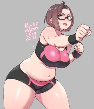 1girl agawa_ryou ahoge belly bike_shorts breasts clenched_hands commentary cowboy_shot dated english_commentary exercising glasses headband large_breasts midriff navel open_mouth original plump short_hair shorts signature simple_background solo sports_bra sportswear sweat wristband