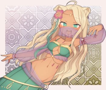 1girl absurdres ahoge animal_ear_fluff animal_ears artist_request blonde_hair border breasts clothing_cutout commentary_request cowboy_shot detached_sleeves dog_ears dog_girl fingernails flower green_eyes green_skirt green_streaks groin hair_flower hair_ornament hand_up harem_outfit highres indie_virtual_youtuber jewelry long_hair looking_at_viewer mask medium_breasts mona_meria mouth_mask multicolored_hair nail_polish navel necklace open_mouth outside_border pink_nails purple_mask second-party_source skirt smile solo star_(symbol) stomach streaked_hair virtual_youtuber white_border