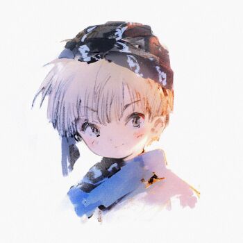 Rule 34 | 1boy, bandana, blonde hair, blush, brown eyes, closed mouth, commentary, cropped torso, highres, looking at viewer, mahoujin guruguru, male focus, nike (mahoujin guruguru), shiratsuyu mone, short hair, untranslatable commentary, white background