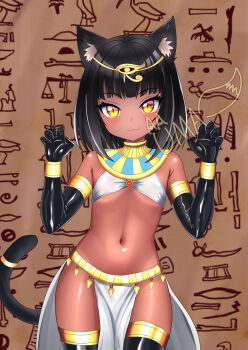 1girl :3 absurdres ancient_egyptian animal_ears armlet artist_name belt black_hair black_thighhighs bracelet cat_ears cat_girl cat_tail claw_pose dark-skinned_female dark_skin eye_of_horus faux_egyptian gloves gold_armlet gold_belt gold_bracelet gold_hairband gold_thighlet hairband highres jewelry latex latex_gloves latex_thighhighs navel original pelvic_curtain short_hair sling_bikini_top smile stomach tail thighhighs thighlet uma_(uma_mohumohu) usekh_collar yellow_eyes
