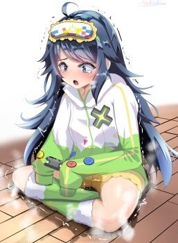 1girl absurdres ahoge artist_name black_hair blue_eyes blush breasts breath clothes_writing constricted_pupils controller embarrassed english_text female_focus full_body fur-trimmed_legwear fur_trim game_controller green_socks highres holding holding_controller holding_game_controller hood hoodie indian_style inohara_koboshi jacket kneehighs long_hair long_sleeves looking_down michinoku_(michino934) multicolored_hoodie multicolored_jacket nose_blush on_floor ongeki open_mouth peeing peeing_self playing_games puddle saliva shiny_skin short_shorts shorts sidelocks signature sitting sleep_mask sleeves_past_fingers sleeves_past_wrists small_breasts socks solo steam swept_bangs tears textless_version trembling wet wet_clothes wooden_floor yellow_shorts zipper