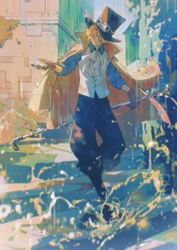 Rule 34 | 1boy, ascot, black gloves, black hat, blonde hair, blue shirt, burn scar, closed mouth, commentary, commentary request, english commentary, evening, full body, gloves, goggles, goggles on headwear, grey eyes, hat, holding, holding lead pipe, holding weapon, lead pipe, male focus, mixed-language commentary, oda eiichirou, official art, one piece, outdoors, rain, sabo (one piece), scar, scar across eye, scar on face, shirt, short hair, smile, solo, top hat, weapon, white ascot