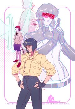 1boy 2girls black_hair blue_eyes english_text ghost_in_the_shell ghost_in_the_shell:_stand_alone_complex highres huangdanlan kusanagi_motoko looking_to_the_side medium_hair multiple_girls multiple_persona purple-tinted_eyewear purple_hair silhouette tinted_eyewear