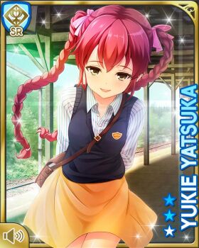 1girl arms_behind_back bag black_cardigan blue_shirt braid brown_bag brown_eyes card_(medium) cardigan character_name girlfriend_(kari) hair_ribbon long_hair looking_at_viewer official_art pink_ribbon qp:flapper red_hair ribbon shirt shoulder_bag skirt smile solo standing striped_clothes striped_shirt thighs train_station_platform twin_braids yatsuka_yukie yellow_skirt