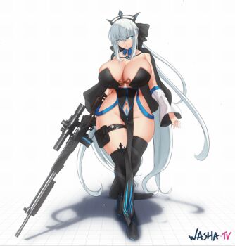 1girl adapted_costume alternate_breast_size_(larger) animated animated_gif artist_name aster_crowley asymmetrical_legwear bare_hips black_boots black_bow black_cape black_dress black_gloves black_tiara blinking blue_choker blue_eyes blue_trim boots bouncing_breasts bow bow_choker braid breasts cape cape_clasp choker cleavage clothing_cutout collared_cape commentary crossed_legs curvy detached_sleeves dragunov_svd dress english_commentary fate/apocrypha fate/grand_order fate_(series) full_body gloves glowing glowing_gun_barrel glowing_weapon goddess_of_victory:_nikke grey_hair grid groin gun hair_bow half_gloves half_up_braid high_heels highleg highleg_dress holding holding_gun holding_weapon huge_breasts long_hair long_sleeves looking_at_viewer looping_animation magazine_(weapon) morgan_le_fay_(fate) morgan_le_fay_(third_ascension)_(fate) navel navel_cutout no_panties parody parted_lips pelvic_curtain ponytail pouch pubic_tattoo rifle scope shadow sideless_dress sidelocks simple_background single_glove single_half_glove single_sleeve sniper_rifle solo spikes super_highleg swinging_arm tattoo thick_thighs thigh_boots thigh_pouch thigh_strap thighs tiara train_(clothing) trigger_discipline uneven_legwear very_long_hair walking walking_towards_viewer washa_animations watson_cross weapon white_background white_sleeves wide_hips wide_sleeves