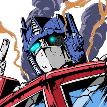 battle_damage blue_eyes exhaust_pipe glowing glowing_eyes humanoid_robot machine mecha optimus_prime robot science_fiction shinshihadagi smoke transformers transformers:_generation_1